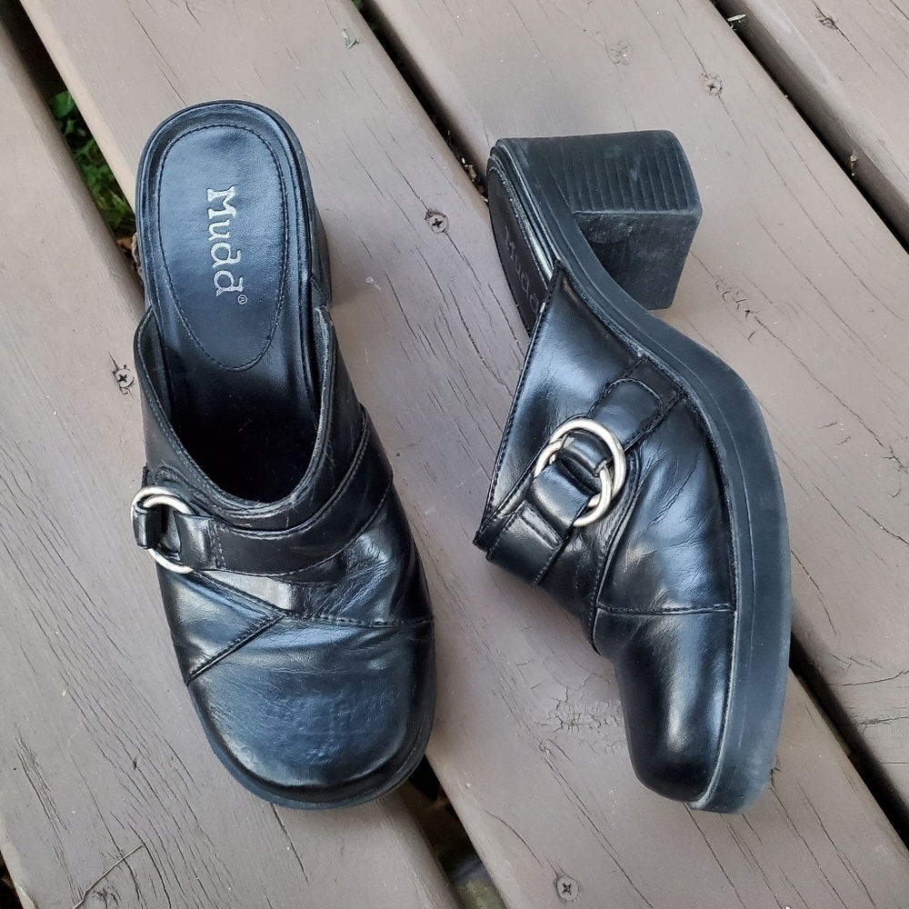 Vintage 90s y2k Mudd‎ Black Faux Vegan Leather Chunky Heel Platform Buckle Mules